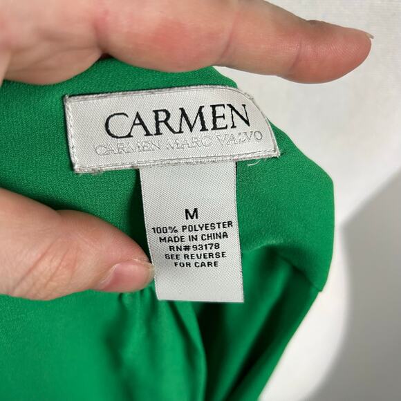 Carmen Marc Valvo Top Green Zipper V-Neck Medium 3/4 Slv Career Business Casual - Picture 3 of 3
